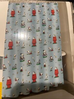 Peanuts snoopy Shower Curtain — Light Blue with Red snoopy doghouse